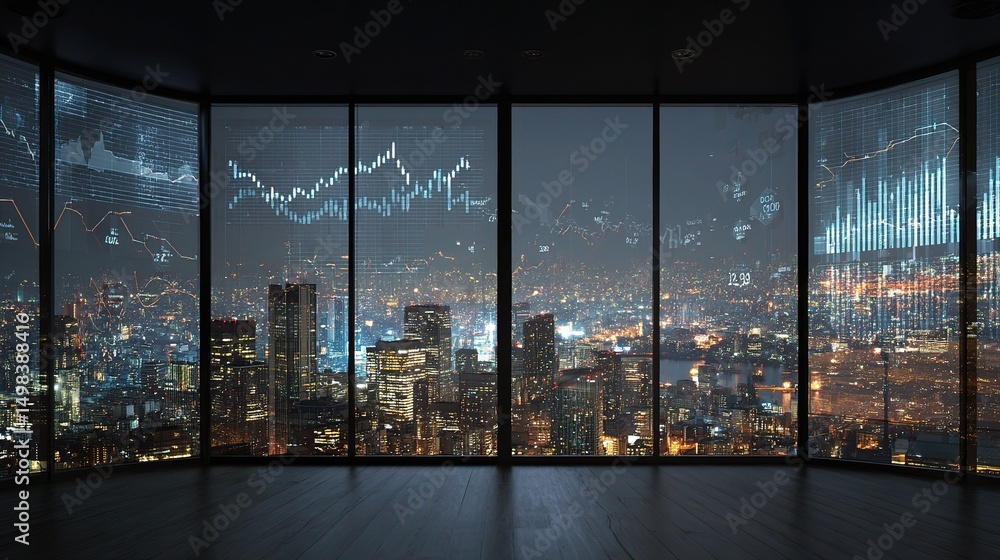 Poster modern finance dashboard overlooking cityscape with graphs and data