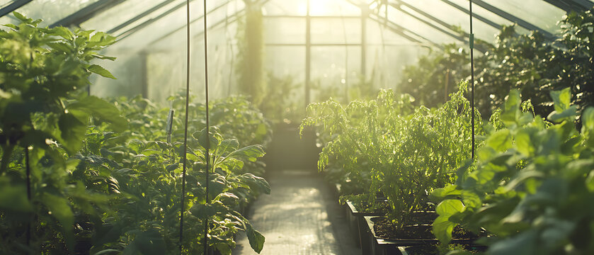Greenhouse with lush plants bathed in sunlight