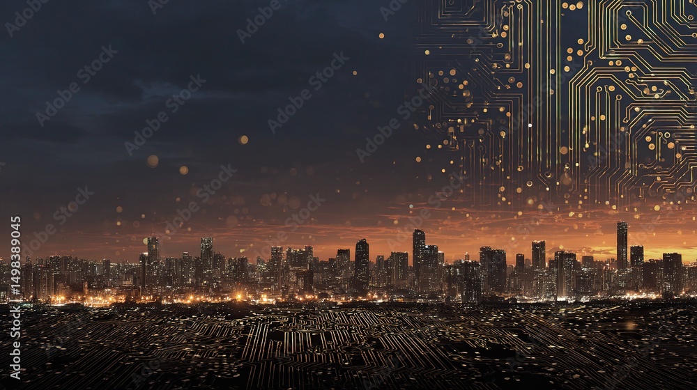 Poster cryptocurrency mining theme with skyline and circuit design elements