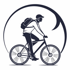 Cyclist with backpack riding bicycle on white background