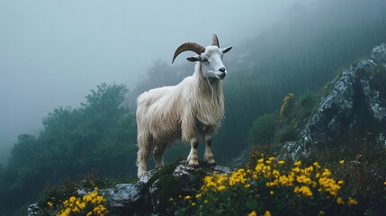 Obraz premium Majestic Goat Standing Proudly on Rainy Hilltop