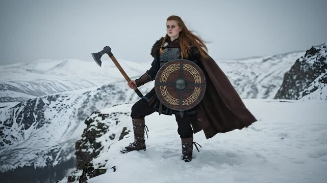 Female viking warrior with axe and shield in snowy mountain landscape photo 4k video