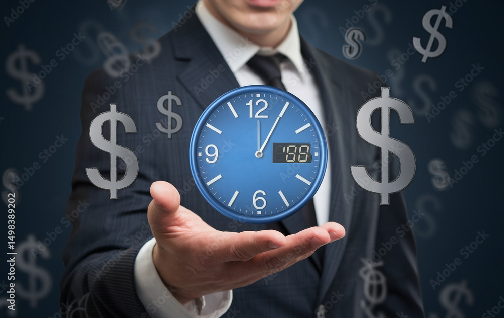 Poster a businessman holding a clock in his hand with dollar signs floating in the background around him