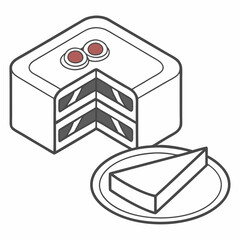 Delicious square cake with slice on plate, transparent background