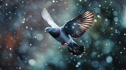 Graceful Pigeon Soaring Through Light Rain Shower