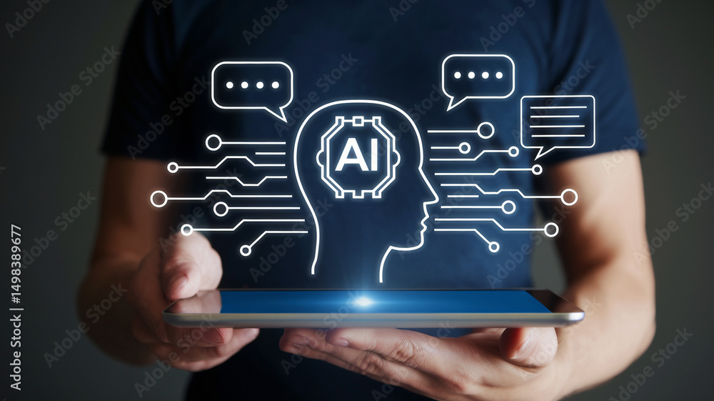 Poster person holding a tablet displaying ai head graphic with speech bubbles and circuit connections overl