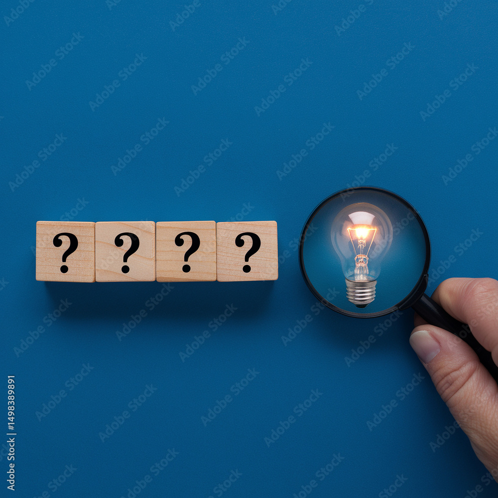 Poster Question mark blocks and an illuminated light bulb under a magnifying glass on a blue background