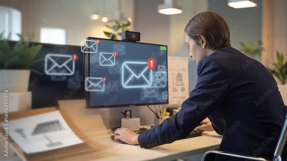 Poster A man in a suit working at a computer with email notifications in an office environment setting
