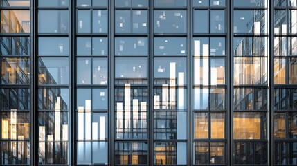 Modern Office Building Facade with Bar Chart Visualizations