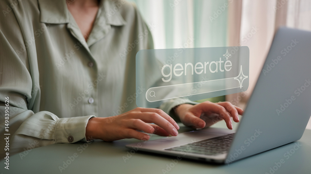 Aufkleber Person typing on a laptop with a search bar overlay displaying the word generate above the keyboard