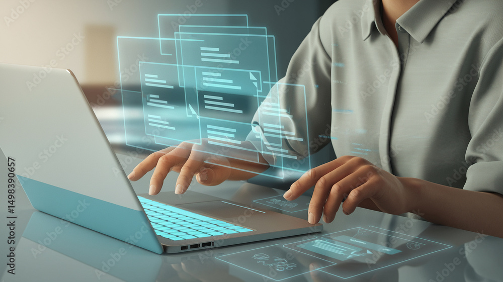 Poster person typing on a laptop with holographic interface elements displayed above the keyboard area visi