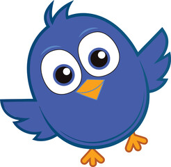 Cartoon illustration of a blue bird with big eyes and small orange beak on a white background
