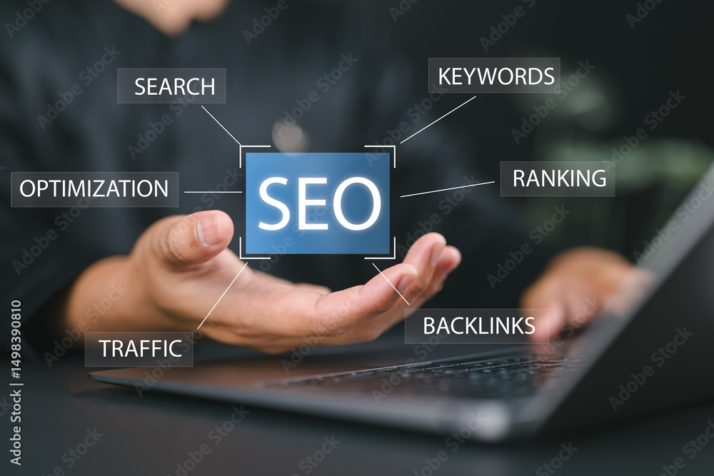 Aufkleber businessman search engine optimization concept, business technology. seo concept. analyze seo search