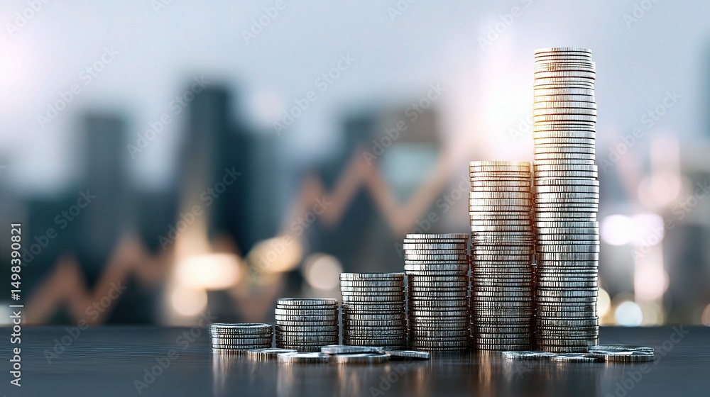 Poster smart city development with fluctuating graphs and coin stacks