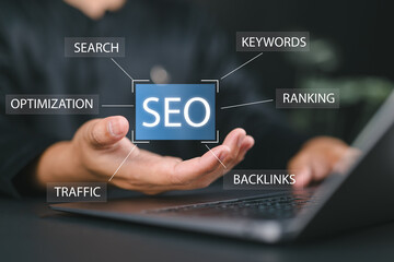 Businessman Search engine optimization concept, business technology. SEO concept. Analyze SEO...