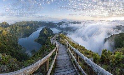 High Elevation Wooden Pathway Through Misty Mountain Valley