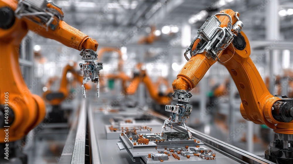 Poster advanced cnc robots handling 3d printed parts in modern factory
