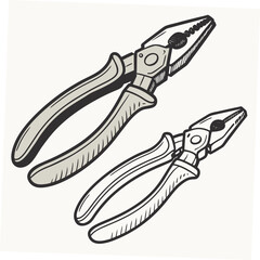 Professional hand drawn pliers set isolated on white