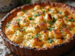 Cheesy Cauliflower Gratin with Herbs and Garlic: A homemade cauliflower gratin fresh out of the oven, covered in a thick layer of cheese, herbs, and roasted garlic.