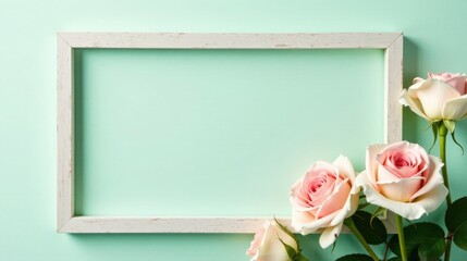 A delicate arrangement of pastel roses artfully positioned beside a rustic, weathered wooden frame against a serene mint green backdrop