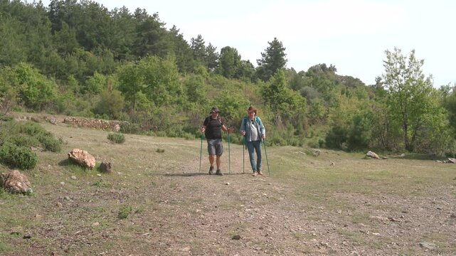 Two man frends Hikers are wildlife travelers on a nature trail