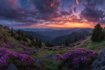 Fototapeta premium Mountainous Landscape With Purple Flowers At Sunset