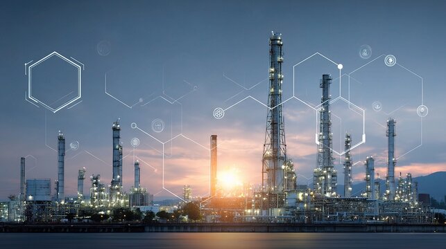 Petrochemical Towers with Blockchain Data Integration at Sunset