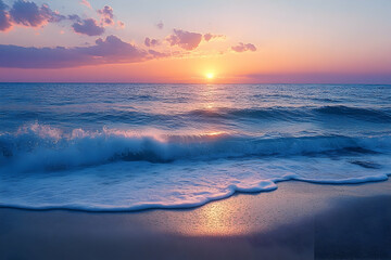A serene ocean sunset paints the shoreline with vibrant hues.