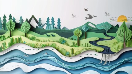 Paper Art Depicting a Serene Landscape with Mountains, River, and Birds