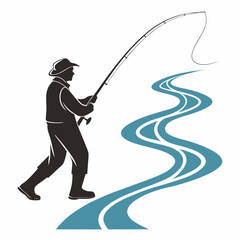 Fisherman silhouette fishing river stream design element