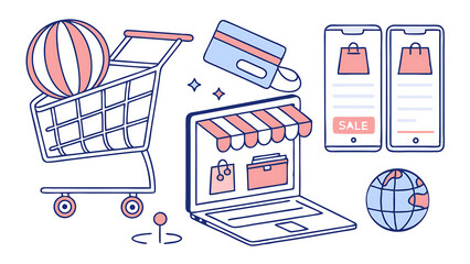 A vector illustration of a modern e-commerce interface featuring a shopping cart, credit card, and product listings, in a flat design style with pastel colors. The composition includes smartphone .