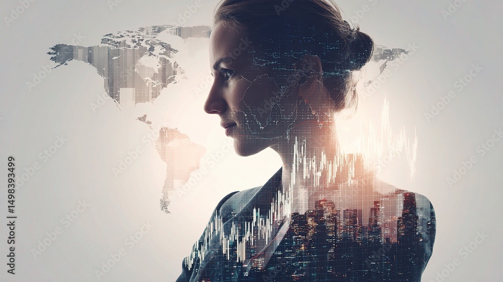 Poster business strategy concept with layered graph and world map