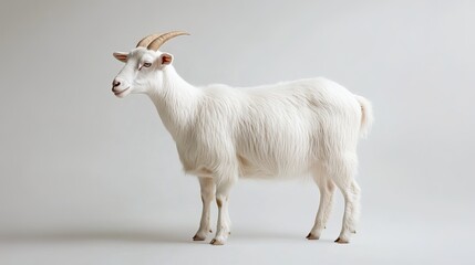 Obraz premium Adorable White Goat Standing Profile Elegant Fluffy Fur Farm Animal Domestic Goat Graceful Pose Light Background Studio Shot Pure White Fur Soft Goat Hair pet horn cute calm rural 
