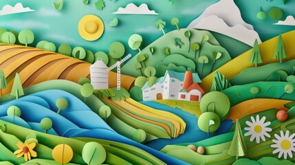 Paper Craft Illustration of a Rural Landscape with Fields, House, and Windmill
