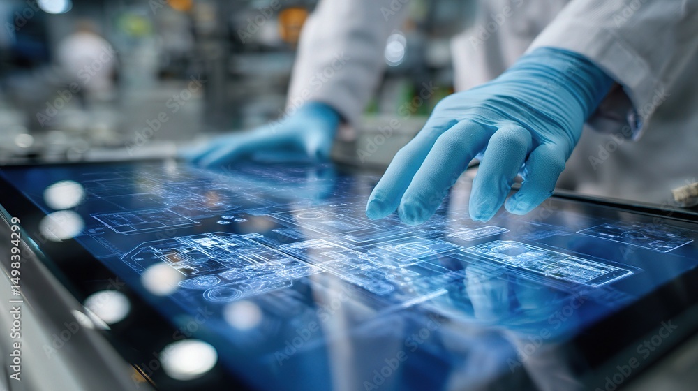 Poster operators using gloved hands on touchscreen technology in factory setting