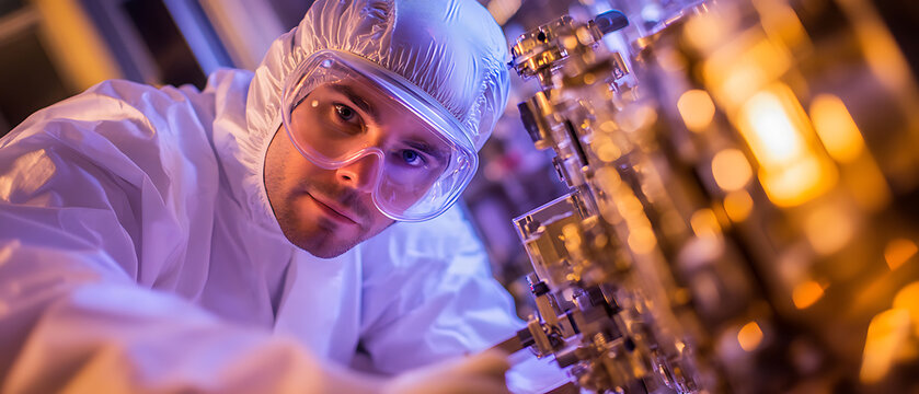 Scientist in Cleanroom Examining Advanced Equipment - Powered by Adobe