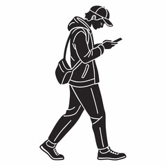 Walking man silhouette using smartphone transparent background