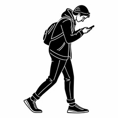 Walking man using smartphone, clean cutout, transparent background