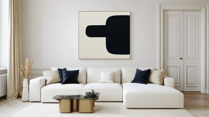 Modern abstract art on cream canvas, hung above a light beige sectional sofa
