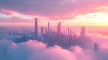 Fototapeta premium Cityscape Embraced by Dawn: Urban Skyline Veiled in Pastel Hues and Ethereal Clouds
