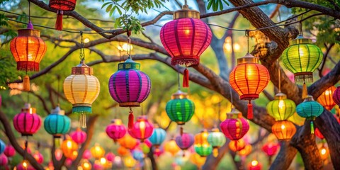 Naklejka premium Colorful Holi Lanterns Hanging from Trees , festival, branches, festival, branches, flowers, autumn