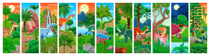 Cartoon prehistoric dinosaurs characters collage with vector jurassic reptiles and baby dino in egg, jungle forest, mountains and waterfall. Funny chasmosaurus, stegosaurus and ankylosaurus dinosaurs © Vector Tradition