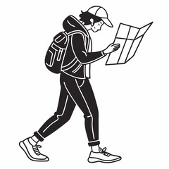 Traveler with backpack studying a map, clean cutout