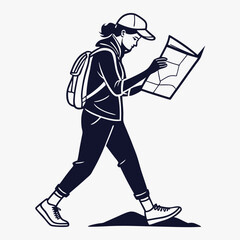 Woman traveler with backpack studying map on white background