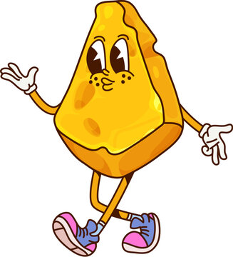 Naklejki Cheese groovy funny character. Parmesan dairy food slice 60s 70s funky funny mascot, cheddar chunk vintage groovy vector cute personage. Emmental hard cheese wedge retro groovy cheerful character