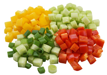 Diced Vegetables Bell Peppers Cucumber Green Onions isolated on transparent background