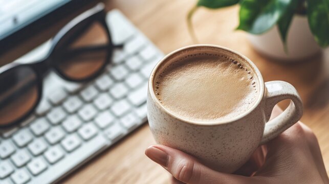 Cozy workspace featuring coffee, keyboard, sunglasses, and plant for a productive day - Powered by Adobe