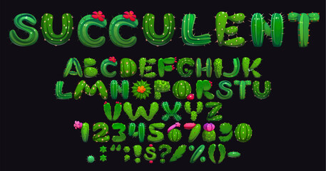 Cartoon cactus font of green succulent typeface and Mexican cacti plants, vector type. Kids English alphabet with cartoon letters or prickly cactus plants, opuntia flowers and saguaro cacti typeface