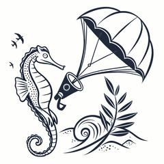 Seahorse parachuting ocean wave megaphone birds