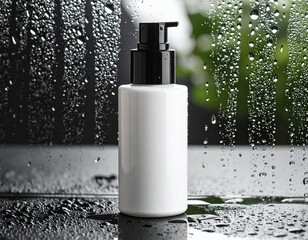 雨粒ガラス越しに見える化粧品ボトル